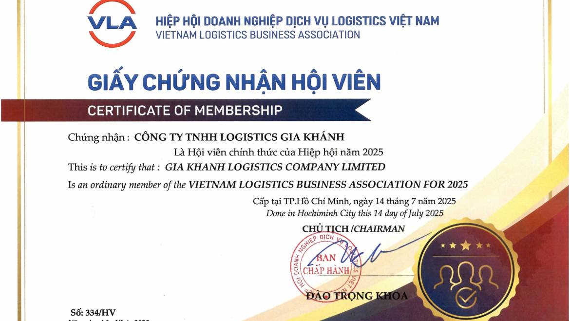 GIẤY CHỨNG NHẬN HỘI VIÊN – HIỆP HỘI DOANH NGHIỆP DỊCH VỤ LOGISTICS VIỆT NAM (VLA)