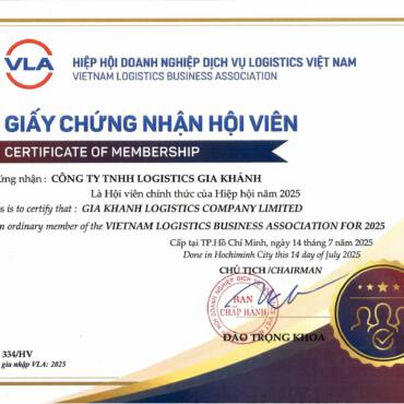 GIẤY CHỨNG NHẬN HỘI VIÊN - HIỆP HỘI DOANH NGHIỆP DỊCH VỤ LOGISTICS VIỆT NAM (VLA)